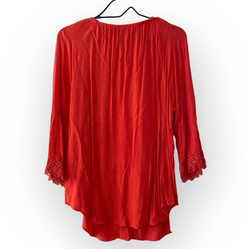 Cable and Gauge Blood Orange Tie V Neck Blouse with Lace Trim Sleeves Large - Picture 2 of 8